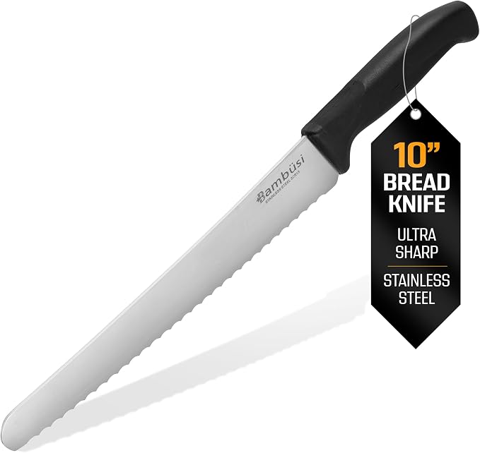Bamboo Bread Slicer with Crumb Tray & Knife – 3 Slice Thickness Options, Foldable Storage, 10” Ultra Sharp Stainless Steel Bread Knife with Ergonomic Handle – Sourdough & Cake Cutter Set