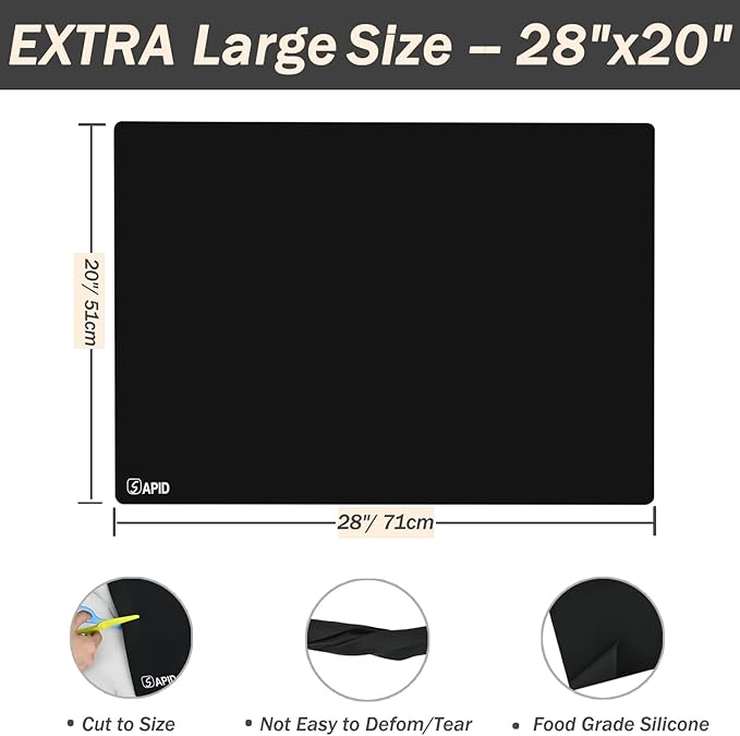1.5MM Extra Thick Placemats Extra Large Silicone Mat 28" x 20" Heat Resistant Mat for Kitchen Countertop Protector, Washable Place Mats Silicone Mats for Kitchen Counter Mat Table Mat, Black, Sapid