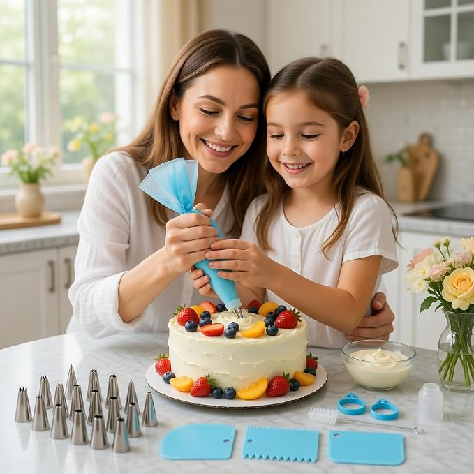 Piping Bags and Tips Set, Reusable Cake Decorating Kit with 24 Stainless Steel Icing Tips,2 Reusable Silicone Piping Bags,2 Couplers,3 Scrapers, Bag Ties & Brush for Baking, Cookie Icing and Cupcakes