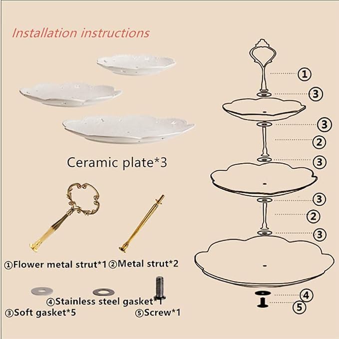 3-Tier Porcelain Embossed Cupcake Stand - Pure White Rimmed with Gold Dessert Cake Stand - Pastry Serving Tray Platter for Tea Party, Wedding and Birthday
