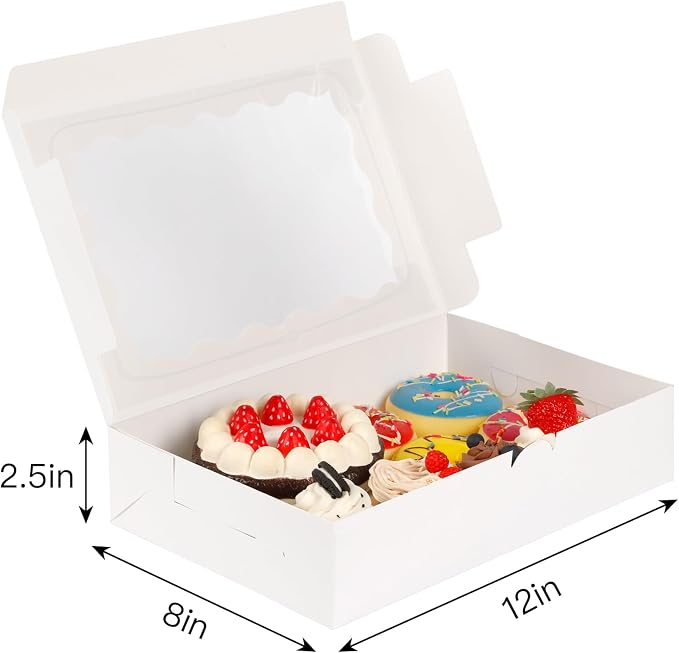 Moretoes 24pcs Bakery Boxes, 12x8x2.5 Inches,Treat Boxes with Window for Chocolate Covered Strawberries, Pastries, Cookies, Desserts, Donuts and Muffins