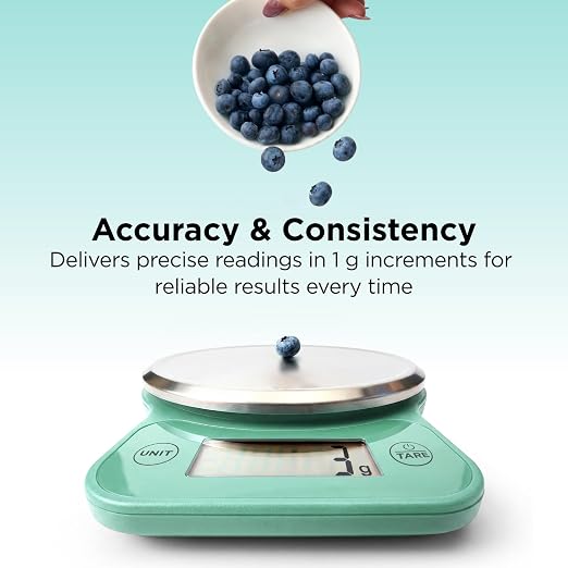 Kitchen Mama Q-Series Digital Food Scale, Teal | 13.2 lb / 6000g Capacity, 1g Precision, Tare Function, Stainless Steel Platform, LCD Display