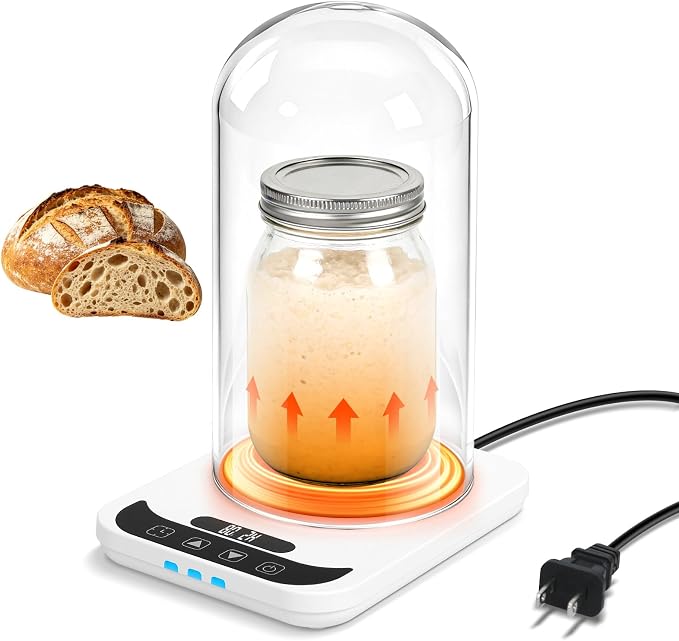 Sourdough Starter Warmer with Glass Dome, Sour Dough Warmer & Glass Cover - 70-100°F Precise 1°F Thermostat Control & 12H Timer Auto Warming ON/Off, Sourdough Heating Mat for 24oz 34oz 40oz Jars