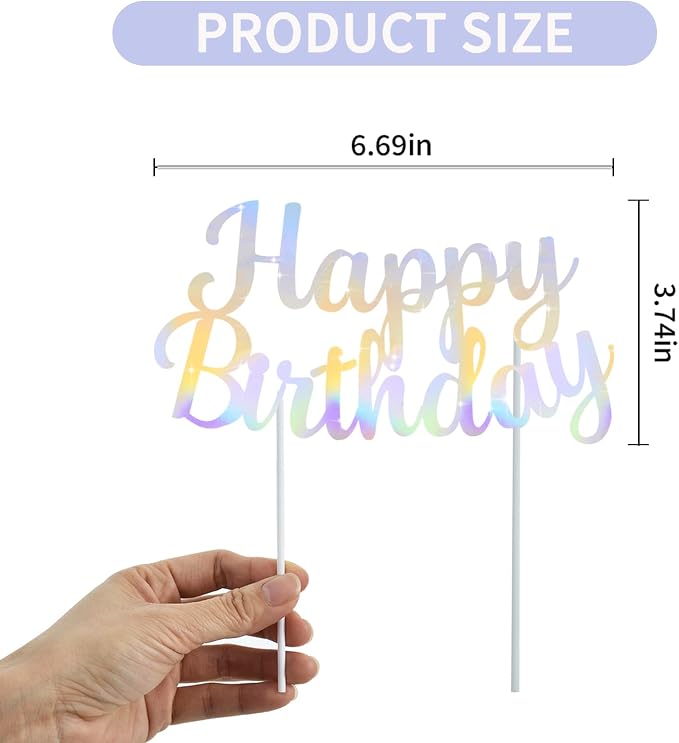 BEISHIDA Iridescent Silver Happy Birthday Cake Topper, Cake Bunting Decor, Party Decoration Supplies, Photo Booth Props