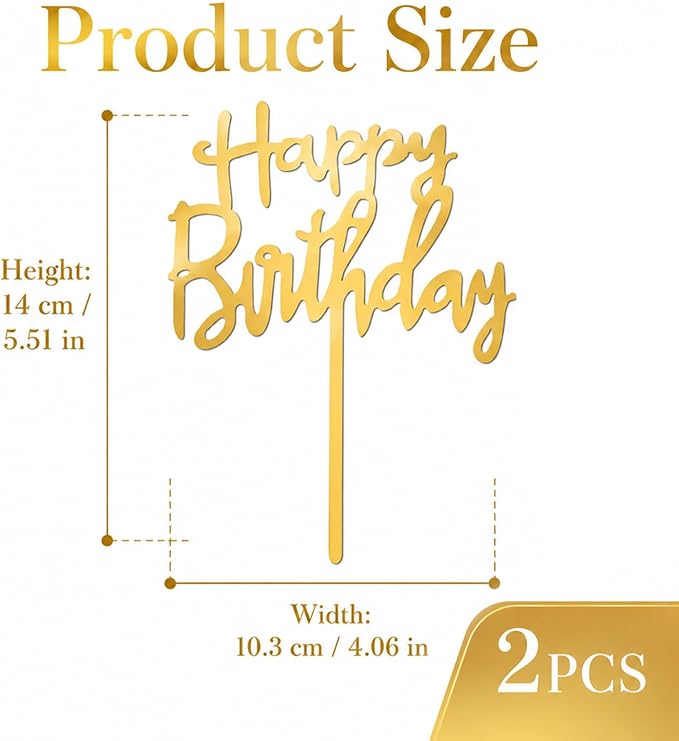 2 PCS Gold Happy Birthday Cake Topper, Acrylic | Hand-Drawn Happy Birthday Topper for DIY Party Cake Decoration, Perfect Keepsake for your family and friends