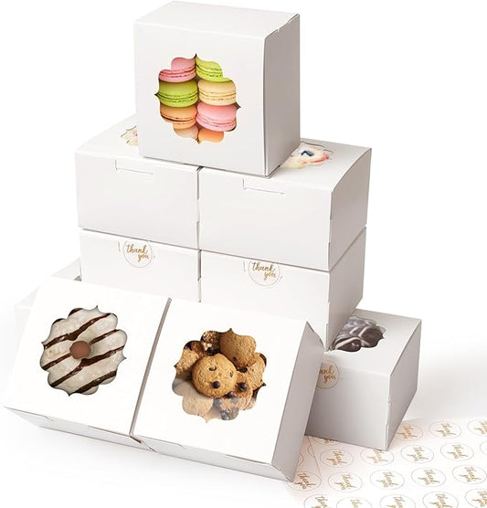 4-Inch Small Cookie Boxes 100 Pcs White - Bakery Treat Boxes with Window for Gifting, To-go Containers for Cake Slice, Macarons, Donuts 4x4x2.5