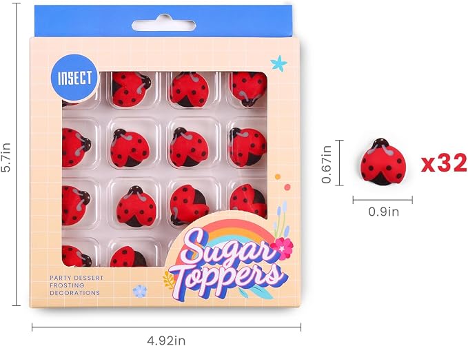 Edible Ladybug Cupcake Toppers 32pcs, Ladybug Icing Decorations for Cakes, Cupcakes, Ice Cream, Cookies, and Macarons