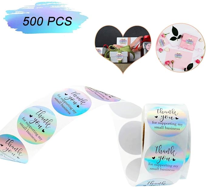 1.5 inch Thank You Stickers, 500 Pcs Thank You for Supporting My Small Business Stickers, Holographic Rainbow Stickers for Bakeries, Crafters & Small Business Owners