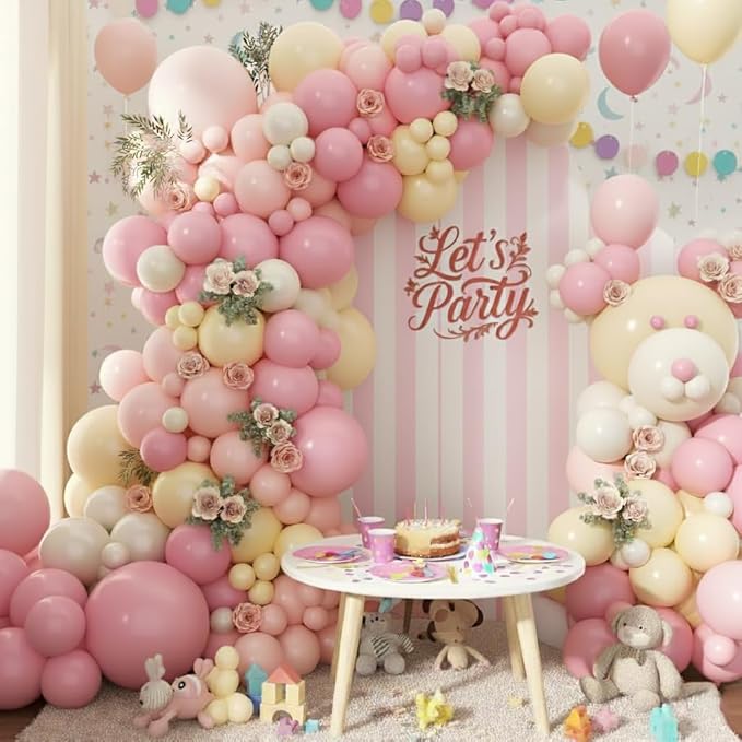 Pink and Yellow Balloon Arch Garland Kit 157pcs, Pastel Pink Light Pink Yellow Sand White Balloons Arch Kit for Birthday Baby Shower Bridal Shower Wedding Bee Bear Themed Party Decorations