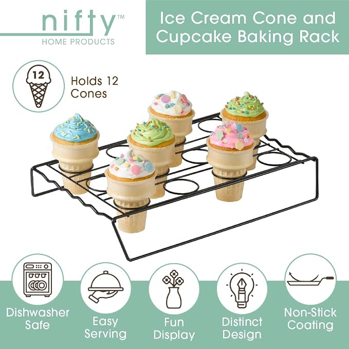 Nifty Ice Cream Cone Cupcake Baking Rack – Holds up to 12 Medium & Large Cupcake Cones, Non-Stick, Dishwasher Safe, Use for Baking, Cooling & Serving Treats