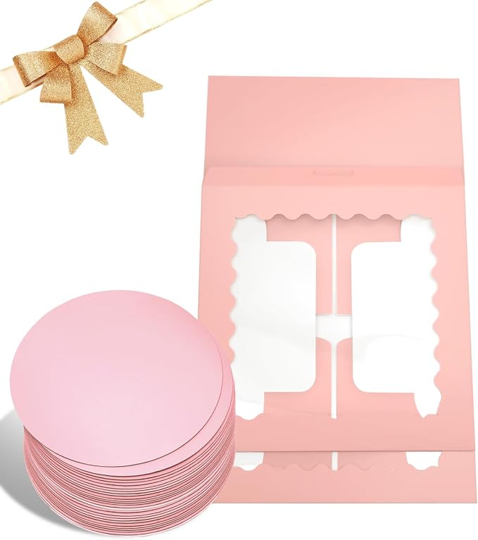 Bakepacker 8x8x5 Inches 36pcs Matte Pink Cake Boxes with Window 18-Packs (18 Boxes +18 Cake Boards Included)