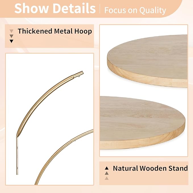 NUPTIO Wedding Cake Stand Gold: 11.7 Inch Cupcake Flower Display Pedestal Wood Table Arch Stands with Base Metal Round Floral Hoop Centerpiece Decor for Birthday Party Christmas Festival Baby Shower