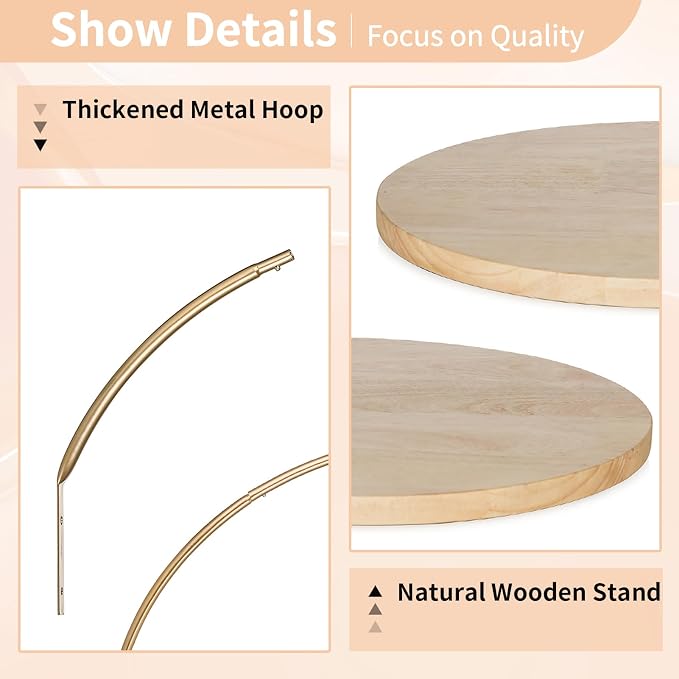 NUPTIO Wedding Cake Stand Pedestal: 14.2 Inch Cupcake Display Wooden Floral Arch Stands with Gold Metal Hoop Table Centerpieces Decoration for Birthday Tea Party Banquet Christmas Anniversary