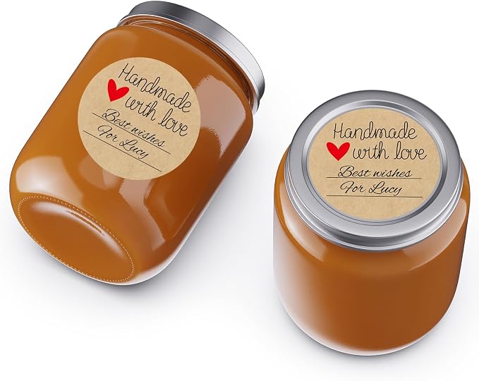 300pcs 2" Handmade with Love Kraft Stickers, Eco-Friendly Canning Labels for Mason Jar with Lines for Writing, Gift Tags for Handmade DIY Gifts, Foods, Treats, Crafts, Beauty, Gift Decoration