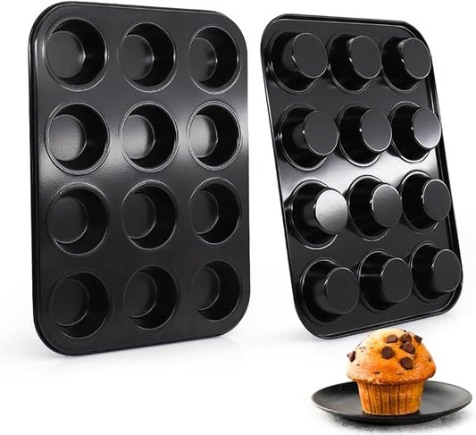 2 Pack Premium Nonstick Bakeware 12-Cup, Muffin Pan, Dishwasher Oven Safe (Black, Steel)