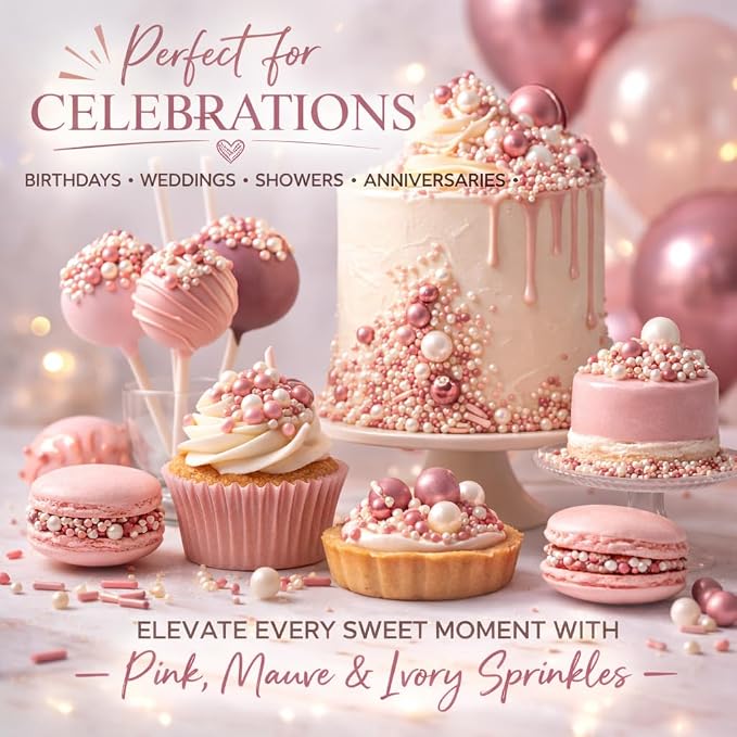 Confect Pink Mauve & Ivory Sprinkle Mix – Bake Stable Non Bleeding Edible Pearls & Metallic Dragees for Cake Decorating, Cupcakes, Cookies & Desserts- 4.2 Oz