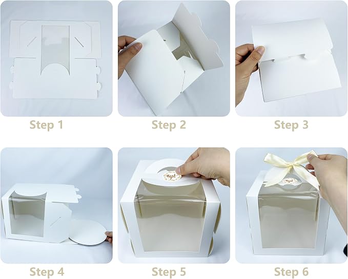 MUMULULU 15 PCS 8 x 8 x 8 Inches Cake Boxes with Carry Handles and Cake Boards Bakery Boxes with Silk Ribbon and Stickers for Cakes Pastries Birthday Party Wedding (White 8×8×8)