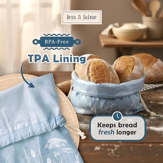 Reusable Bread Bags with Drawstring | XL Pack of 3 | Eco-Friendly Washable Linen Bread Bag & Spacious Sourdough Bread Storage | Bread Bags Reusable Keeps Your Loaf Fresh | Flower Design