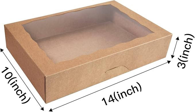 Brown Pastry Bakery Box 14x10x3inch,Large Donuts,Muffins,Cookies Boxes with PVC Window - Auto-Pop up Paper Box Nature Cardboard Take Out Container,Pack of 15