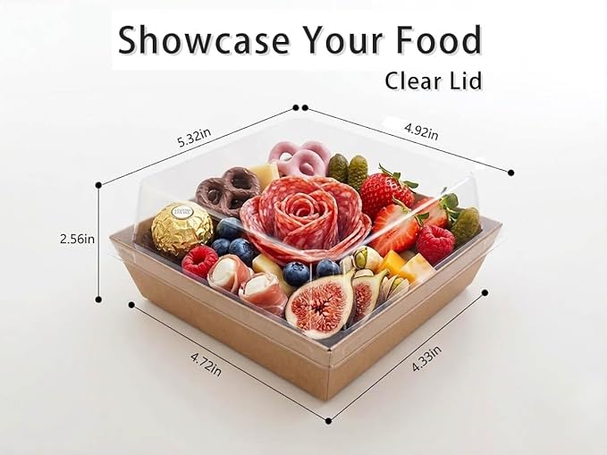25-Pack Charcuterie Boxes with Clear Lids – Disposable Paper Mini Food Containers (5-Inch), Suitable for Desserts, Sandwiches, Cookies, Sushi, Cake Slices, and Fresh Fruit