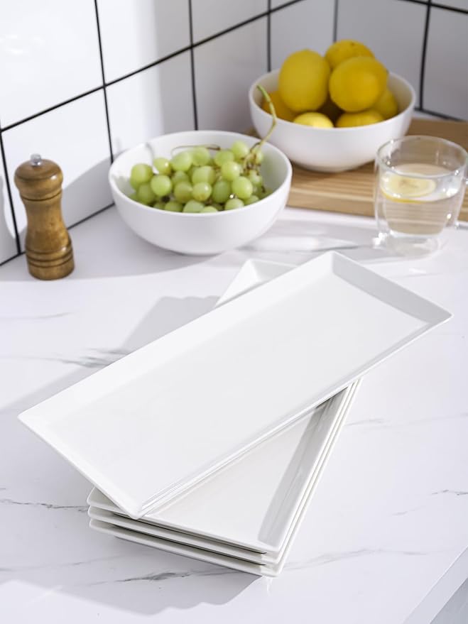 Kanwone White Serving Platters, Porcelain Serving Trays for Parties, Large Rectangular Plates - 14.5 Inch