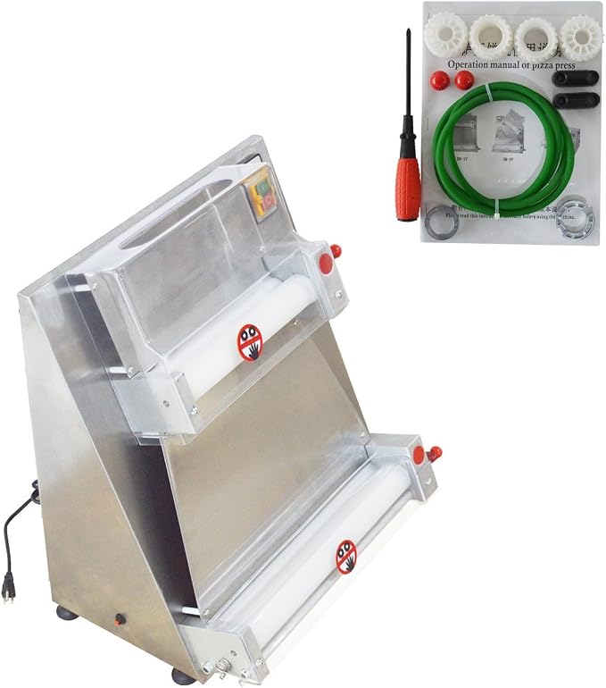 110V Commercial Automatic Pizza Dough Press Machine Adjustable Thickness 370W Electric Pizza Dough Roller Sheeter 4-15.7” Stainless Steel