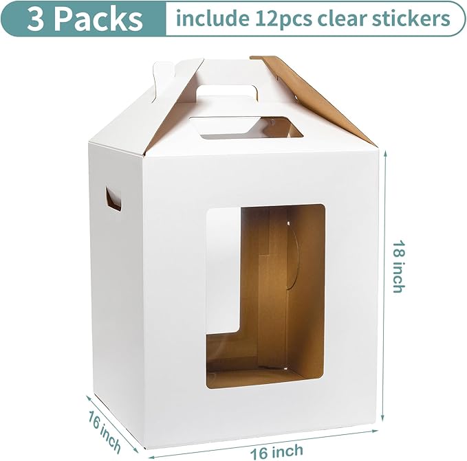 Wowxyz 3 Pack Tall Cake Boxes for Tier Cakes 16x16x18 Inch Disposable Layer Tall Baking Carrier with Window Large Tierd Bakery Take Out Transport Containers with Handle for Wedding, Birthday, Party