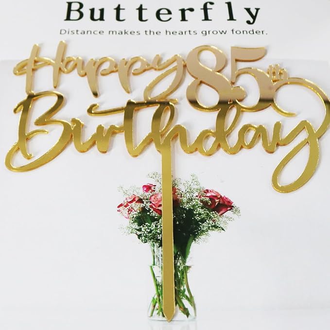 Happy 85th birthday cake Topper,Mirrored Gold Acrylic Durable Cake Topper,85th Birthday Party Cake Decorations,Hello 85th years old, Happy eighty-five years old, Birthday Party Decorations