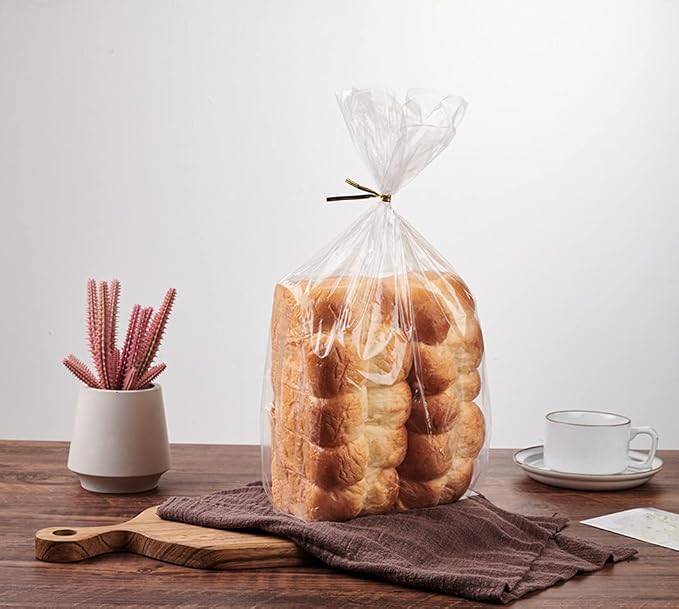 Plastic Bread Bags With Ties, 50 Pcs Printed Loaf Bags for Homemade Bread, Sourdough and Bakery Food - 8x18 Inch with 4" Side Gusset