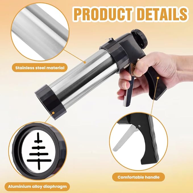 Cookie Press Gun Kit, Stainless Steel Hand Press, 13 Discs, 8 Tips | Includes 1 press gun 2 cleaning brushes, For spritz cookies icing and egg filling, No storage case included