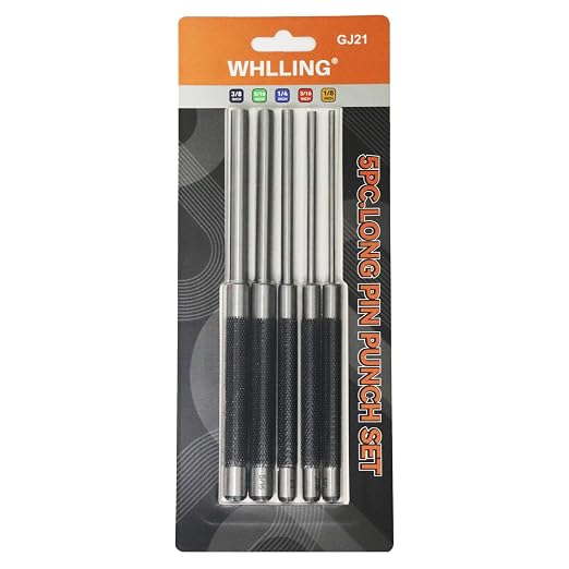 WHLLING 5-Piece Roll Pin Punch Set, 8-Inch Carbon Steel Pin Punch Set with Knurled Grip, Pin Diameter 1/8", 3/16", 1/4", 5/16" and 3/8"