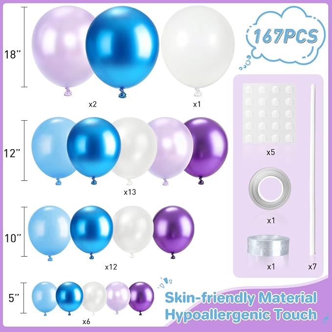 Blue Purple White Balloon Garland Arch Kit, 167Pcs Latex Balloons Different Sizes 18 12 10 5 inch for Girl Princess Winter Wonderland Birthday Baby Shower Party Decorations