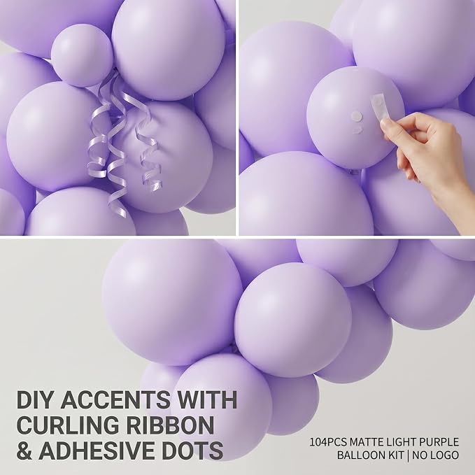 104pcs Pastel Purple Balloons Garland Arch Kit, 18 12 10 5 Inch Macaron Light Lavender Lilac Latex Balloons for Baby Bridal Shower Wedding Birthday Butterfly Party Decorations
