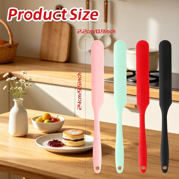 4 Pcs Silicone Jar Spatula, Long Handle Skinny Spatula Scraper for Jars & Bottles, Heat Resistant Small Spatulas Set for Kitchen Baking Sourdough Cake Makeup Essentials, Black+Red+Light Green+Pink
