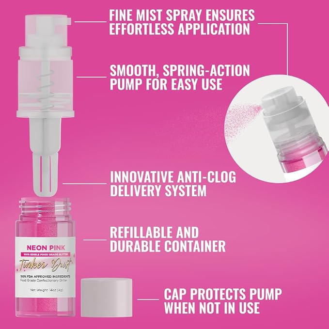 Bakell - Neon Pink Tinker Dust (4g, 1x Mini Spray Pump) Edible Glitter for Food, Desserts, and Baked goods!