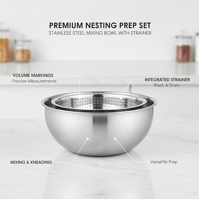 Stainless Steel Mixing Bowl Set with Nested Strainer, 2-in-1 Prep Basin for Washing, Draining, and Mixing