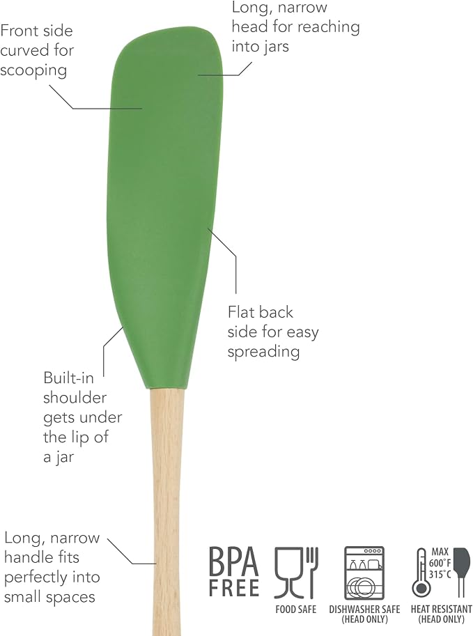 Tovolo Flex-Core Long-Handled Silicone Jar Scraper Spatula, Wood Handle, Heat-Resistant Silicone Head With Curved Front for Scooping & Scraping, Dishwasher-Safe & BPA-Free, 1 Count
