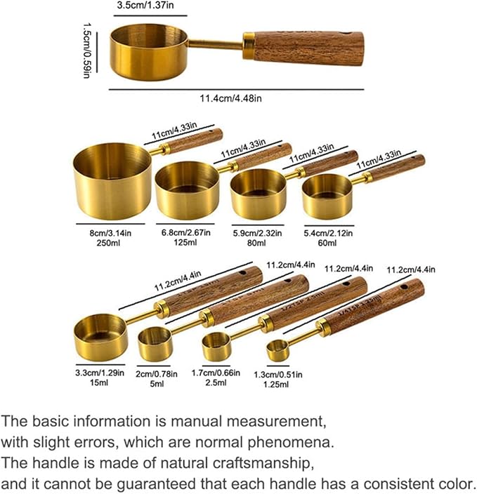 8 pieces Golden Measuring Cups Set and Measuring Spoons Set with Scale, BRIIEC Wooden Handle Stainless Steel Dry & Liquid Measuring Cup for Cooking Baking