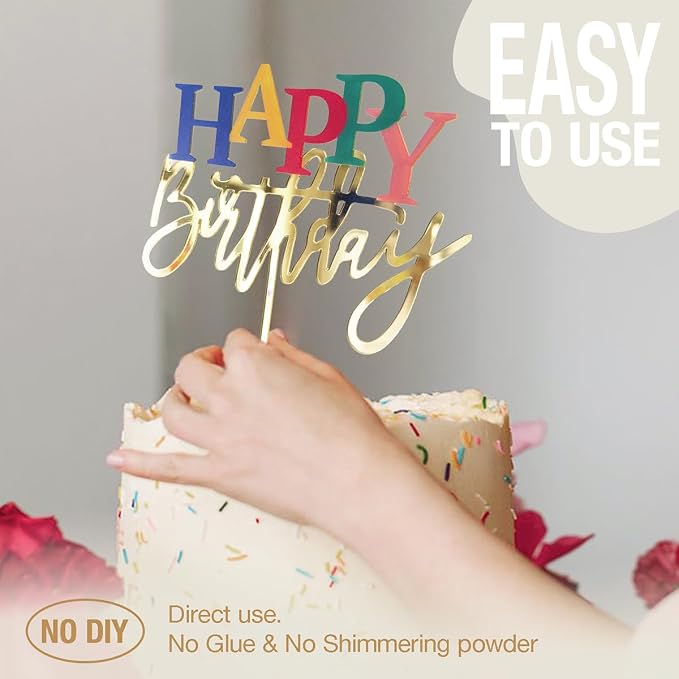 Acrylic Birthday Cake Topper, 7.5" x 6" Happy Birthday Sign for Cake (Gold & Rainbow)