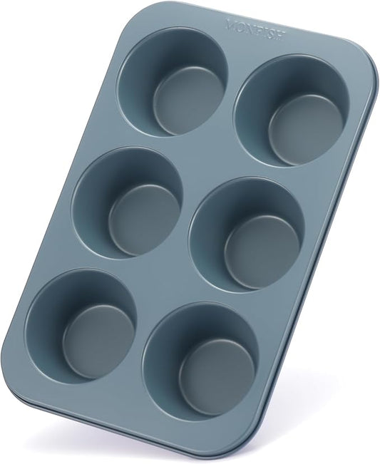 Monfish Muffin Pan 6 Jumbo Cup Carbon Steel Haze Blue non Stick Coating Muffin cupcake Tin 3.5inch cup Roy blue
