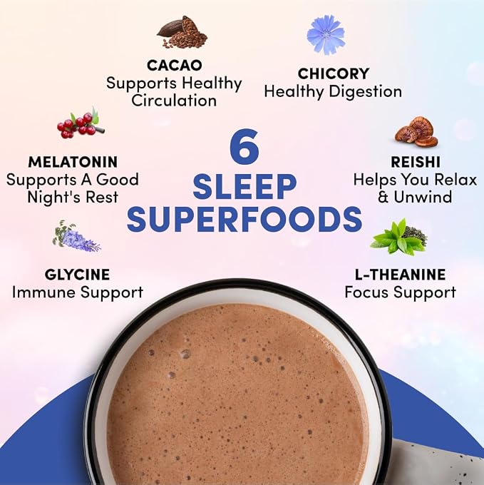 RYZE SUPERFOODS Mushroom Hot Cocoa Melatonin Sleep Supplement, Keto Cocoa Powder with Reishi Mushroom, Melatonin, Glycine, Cacao, L-Theanine, Chicory to Help Fall Asleep and Stay Asleep, 20 Servings