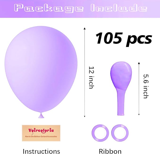 Voircoloria 105pcs Pastel Purple Balloons 12inch Party Latex Balloons for Boys Girls Birthday Baby Shower Gender Reveal Wedding Sunflower Party Decorations