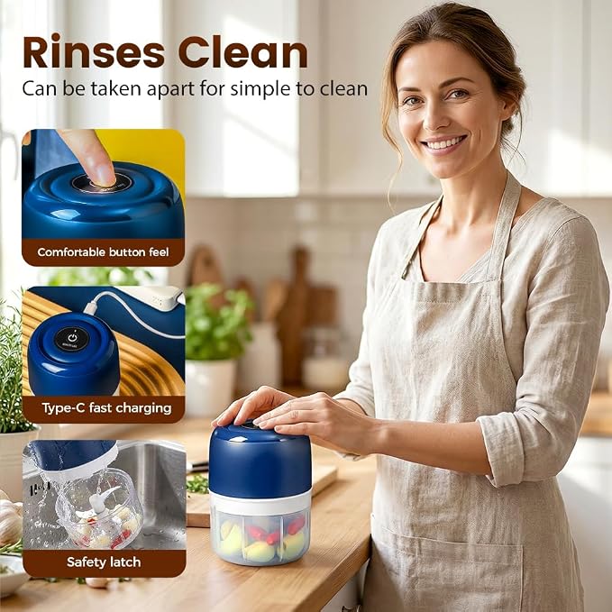 Electric Garlic Chopper, 2026 New Mini Food Processor & Food Chopper for Kitchen, Portable Cordless Garlic Mincer, Rapidly Garlic Minces Ginger Onion Chili Veggie (Blue,250ml)