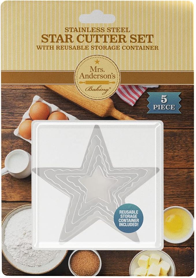 Mrs. Anderson’s Baking Cookie Fondant Cutters, Graduated Stars, Stainless Steel, 5-Piece Set with Storage Container