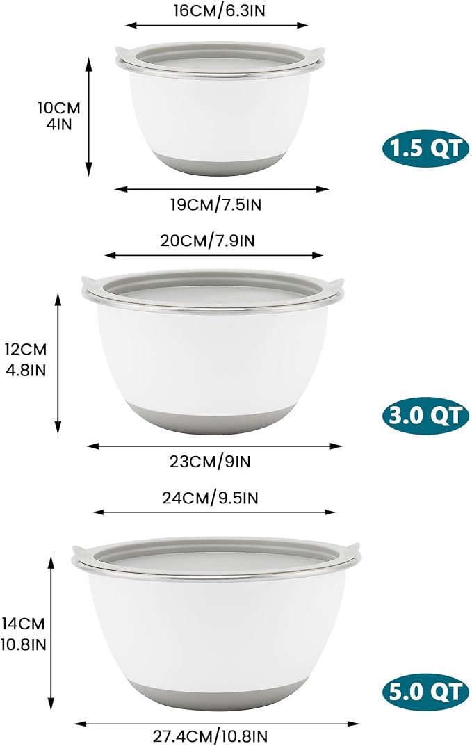 Rorence Mixing Bowls Set with Lids, 18/8 Stainless Steel Mixing Bowls with Non-Slip Silicone Base & Measurement Marks, Airtight Food Storage for Baking, Cooking & Meal Prep,1.5QT/3QT/5QT/White
