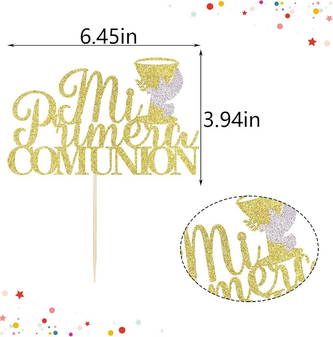 Gold Glitter Mi Primera Comunion Cake Topper, Spanish Baby First Baptism Cake Decor, First Communion/God Bless/Baby Shower Party Decorations Supplies