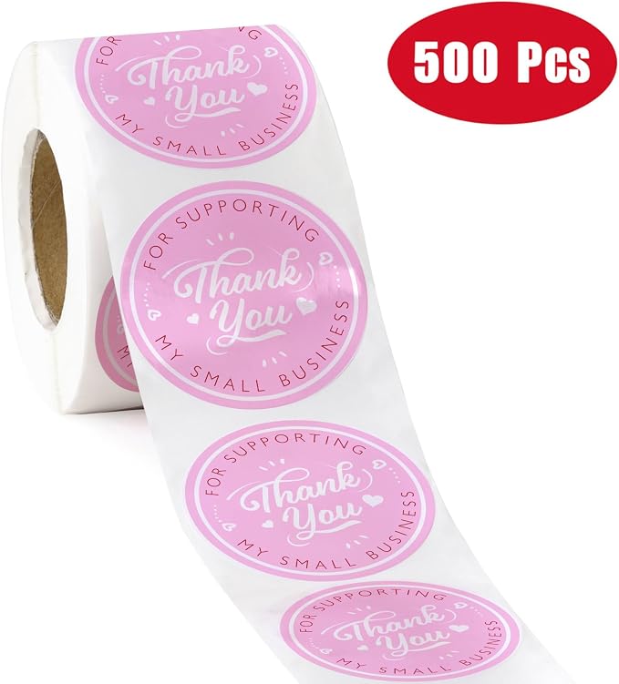 WRAPAHOLIC 2 Inch 500 Total Business Stickers Roll - Pink Small Business Text Design, Thank You Lables, Shipping Stickers for Party Decorations