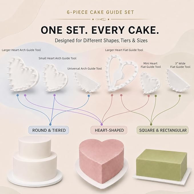 6 PCS Cake Arch Guide Tool Set for Vintage & Lambeth Cake Decorating | Multiple Size Cake Piping Heart & Arc Swag Marker Tool for 6"-12", Buttercream & Fondant Decorating Guide