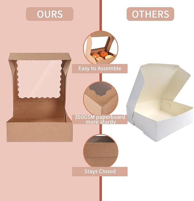 60 pcs Brown Cookie Box,6x6x2.5 Inch Bakery Boxes with Window Pies Chocolate Strawberries Muffins Biscuit Pastry Dessert Box For Packaging