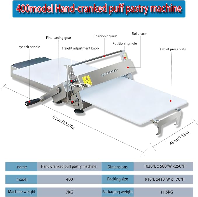 Commercial Dough Sheeter Laminated Dough Sheeter Fondant Flattener Pastry Sheeter Countertop Pizza Pasta Press Machine Professional Bakery Equipment Model400